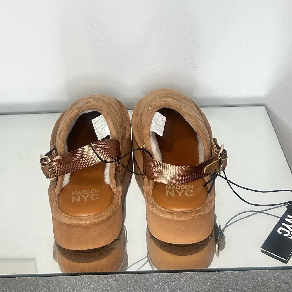 Girls Cozy Shearling Clogs Tan Faux Suede Buckle Slip On Size 1